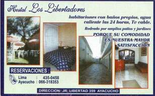 Ayacucho: Hostal "Los
                        Libertadores", Flugblatt, R�ckseite, Jiron
                        Libertad 359, Ayacucho, Per�, tel. 066-318353