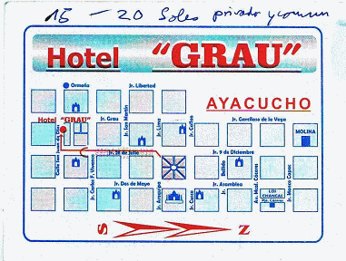 Ayacucho: Tarjeta de visita del hotel Grau,
                        plan, cuartos para 15 hasta 20 soles por noche