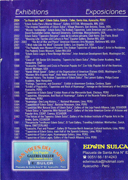 Ayacucho-Santa Ana: Faltblatt von Sulca
                        "Stimmen des Teppichs" 03, Tabelle der
                        Ausstellungen
