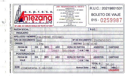 Bus ticket of the coach of Antezana
                  of 18 February 2007 for the trip from Lima to
                  Ayacucho