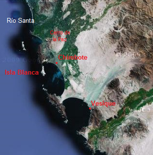 La
                        costa con dos bahas, con Chimbote y Vesique,
                        foto satelital