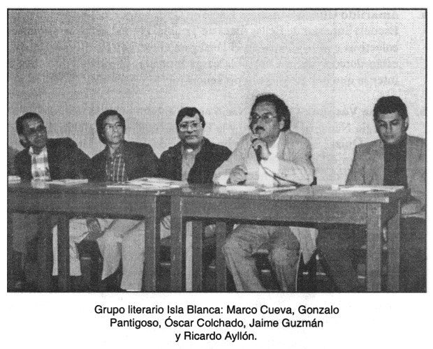 Escritores del grupo literario
                              "Isla Blanca": Marco Cueva,
                              Gonzalo Pantigoso, scar Colchado, Jaime
                              Guzmn y Ricardo Aylln.