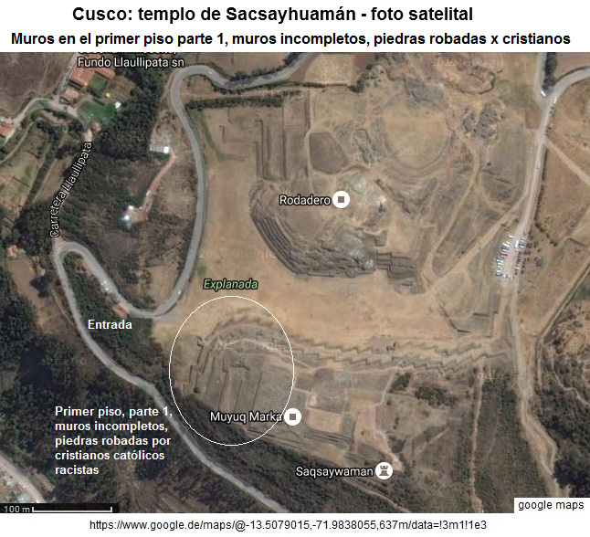 Satellite photo with the fortress of Sacsayhuam�n with the position of the incomplete basic walls with it's 6 terraces