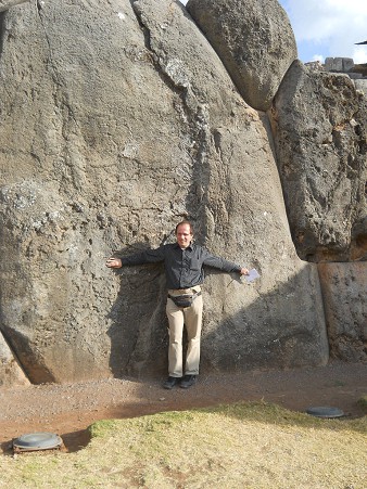 Cusco Sacsayhuamn, giant zigzag wall, Michael Palomino at the giant stone