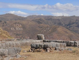 Sacsayhuamn (Cusco), terrace 4, view to writings on a mountain: "Long live Peru!" ("Viva el Per")