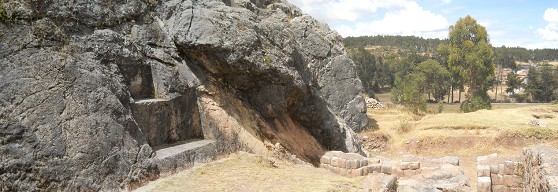 Details from the rock of stairs and thrones "Chinchana grande" part 2 (right): the throne with the bordering rock, meadow and forest, panorama