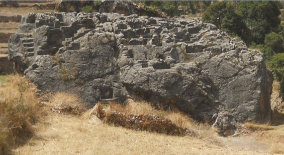 Cusco Sacsayhuam�n, rock of stairs and thrones "Chinchana grande", view 5 with many platforms and thrones, zoom