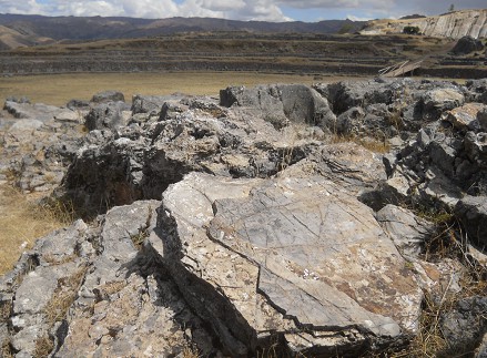 Zona de la roca de escaleras y tronos "Chinchana grande": piedra gigante cortado con diseo de lneas