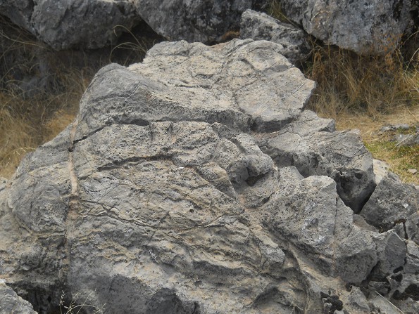 Area of the rock of stairs "Chinchana grande": white stone with engravings in lines, zoom 02