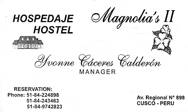 Visitenkarte der Herberge (hospedaje)
                        Magnolias II
