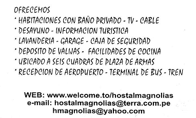 Visitenkarte der
                        Herberge (hospedaje) Magnolias II, R�ckseite