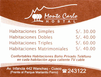 Visitenkarte des Hostal Monte Carlo