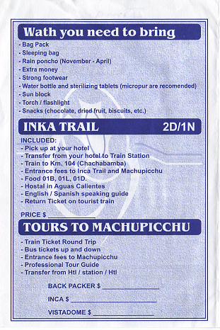 Reiseb�ro Flamenco Travel 02: Angebot
                        Inca-Trail 02 bis Machu Picchu