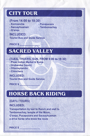 Reiseb�ro Flamenco Travel 03: Angebot
                        Stadtrundfahrt, Fahrt ins heilige Tal und
                        Pferdereiten
