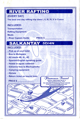 Reiseb�ro Flamenco Travel 04: Angebot River
                        Rafting und Salkantay-Trail nach Machu Picchu,
                        sowie Karte mit der Position des Reiseb�ros in
                        Cusco