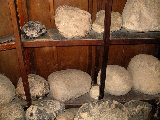 Gravierte Steine auf einem
                                    Regal, Nahaufnahme 03, mit der
                                    Darstellung von Operationen und
                                    Dinosauriern