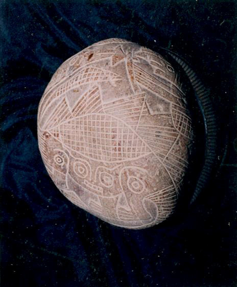 This dinosaur with
                          spikes on his back (Stegosaurus-Brontosaurus)
                          has got a complete face on his belly, and
                          aside is a wise man with a hatchet