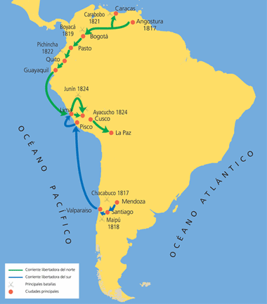 Mapa de "Am�rica" del Sur con las
              guerras de independencia contra los colonos racistas
              cristianos de Espa�a