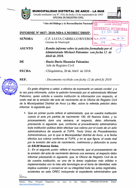 Escrito de Chikintirca (pdf) p�gina
                              1: una partida de nacimiento cuesta 8
                              soles y est� en 5 a 10 minutos