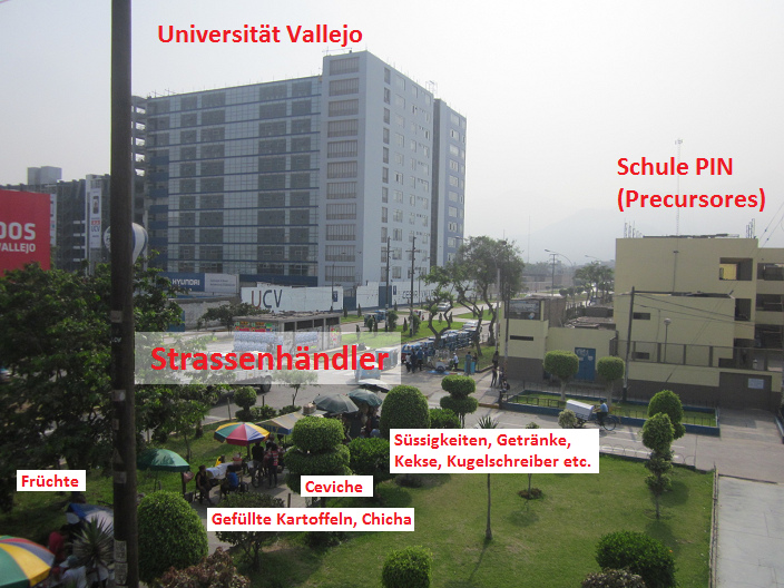 Die Haltestelle Yanbal mit der
              Universit�t Vallejo, der Schule PIN und den
              Strassenh�ndlern
