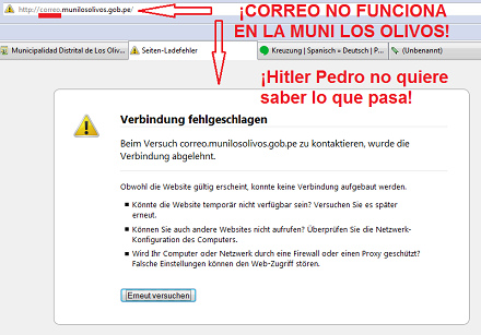 Die Propaganda-Webseite von Los Olivos (Lima):
                    Das E-Mail geht nicht - der Hitler-Peter-Moses
                    (schrecklich j�discher L�gen-Name) will nicht
                    wissen, was los ist
