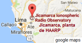 Mapa con
                        Lima y Jicamarca donde hay una planta de antenas
                        de HAARP