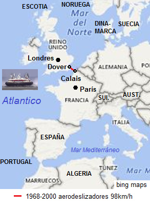 Mapa de Europa con Calais y
                  Dover con la conexi�n con aerodeslizadores entre 1968
                  y 2000