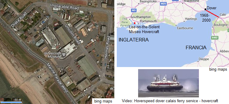El mapa de Inglaterra con la posici�n del
                  Museo Hovercraft en el lugar Lee-on-the-Solent cerca
                  de Southampton - y la foto satelital del museo con los
                  barcos gigantes