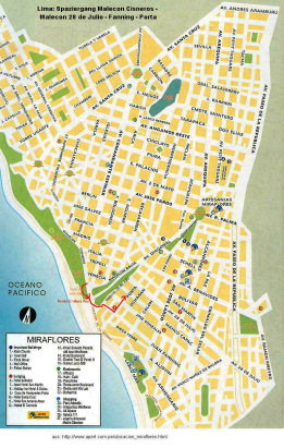 Miraflores: Karte des Spaziergangs Malecon
                        Cisneros - Park der Verliebten - 28 de Julio -
                        Fanning - Porta