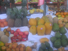 Surquillo, Avenida Paseo de la Republica,
                          Markthallenstand mit Papaya u.a.