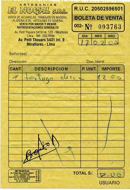 Mercado para artesan�a peruana en
                        Miraflores: Boleto para la compra de una tortuga
                        en piedra de la empresa "El Nogal
                        SRL"
