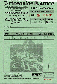 Mercado para artesan�a peruana en
                        Miraflores: Boleto para la compra de un b�ho en
                        piedra de la empresa "Artesan�as
                        Cameo"