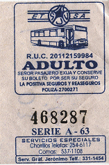 Blaues Busbillet der Busfirma E.T. AS,
                        Linie 3, von Comas nach Chorrillos, ein gelber
                        Bus