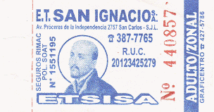 Billete de bus azul y blanco de la empresa
                        de bus "ET San Ignacio SA", l�nea SM24
                        de San Juan de Miraflores a San Juan de
                        Lurigancho, un bus azul