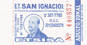 Blau-weisses Busbillet der Busfirma
                        "ET San Ignacio SA", Linie SM24 von
                        San Juan de Miraflores nach San Juan de
                        Lurigancho, ein blauer Bus