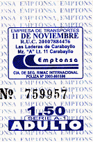 Billete
                        de bus blanco y azul de la empresa de bus
                        "Emptonsa"