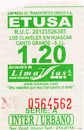 Billete de bus verde y blanco de la empresa
                        de bus "Etusa", l�nea de bus EO35 de
                        Lurigancho a Chorrillos, bus rojo grande