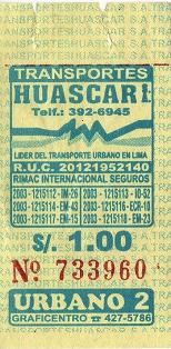 Billete de bus amarillo y azul de la
                        empresa de bus "Huascar"