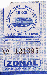 Billete de bus azul de la empresa de bus
                        "Miguel Grau SA" de la lnea de bus IO
                        88
