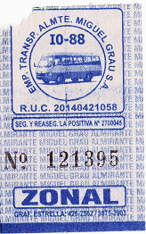 Billete de bus azul de la empresa de bus
                        "Miguel Grau SA" de la l�nea de bus IO
                        88