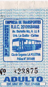 Billete de bus azul de la empresa de bus
                        "Progreso SA"