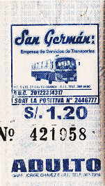 Billete de bus azul y blanco de la empresa
                        de bus "San German"
