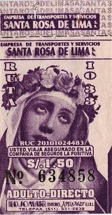 Violettes Busbillet der Busfirma
                        "Santa Rosa de Lima", Buslinie IO33