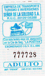Billete de bus azul claro y blanco de la
                        empresa de bus "Se�or de la Soledad
                        SA"