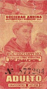 Billete de bus rojo de la empresa de bus
                        "Sociedad Andina"