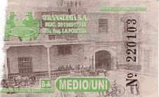 Billete de bus verde y gris de la empresa
                        de bus "Translima SA" con c�ndores
                        coronados y con una foto de escena