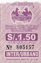Billete de bus violeta de la empresa de bus
                        "Translima SA" con cndores coronados