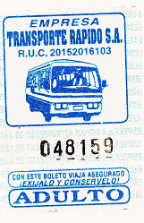 Billete de bus azul y blanco de la empresa
                        de bus "Transporte Rpido SA"