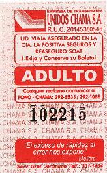Billete de bus rojo de la empresa de bus
                        "Unidos Chama SA" con una frase de
                        Molire: "El exceso de rapidez al error nos
                        expone."