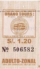 Billete de bus marr�n y blanco de la
                        empresa de bus "Urano Tours"